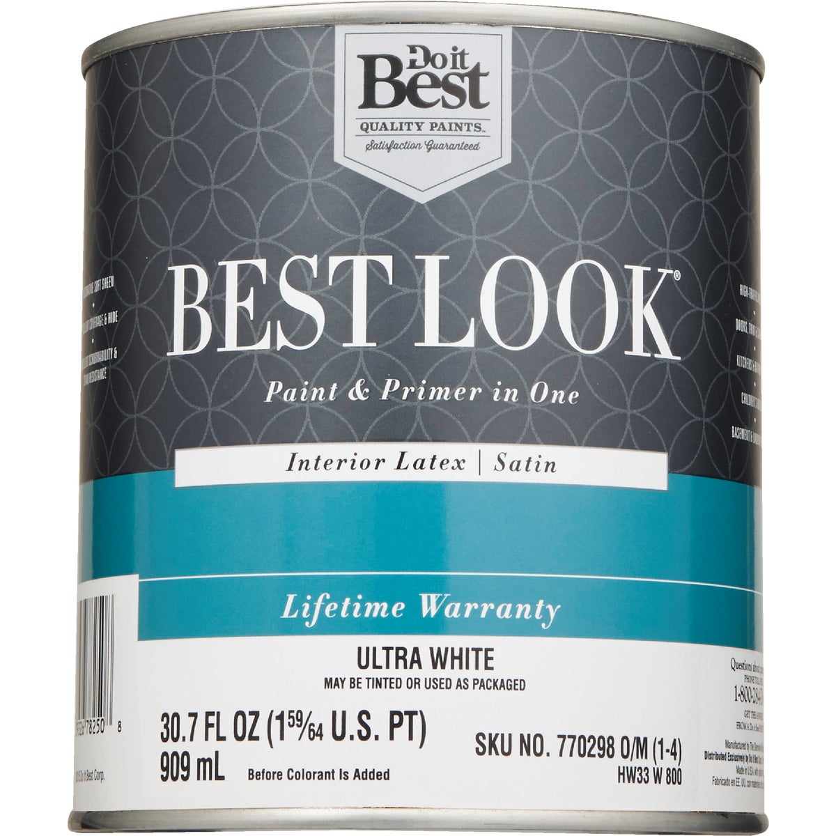 Best Look Latex Paint & Primer In One Satin Interior Wall Paint, Ultra White, 1 Qt.