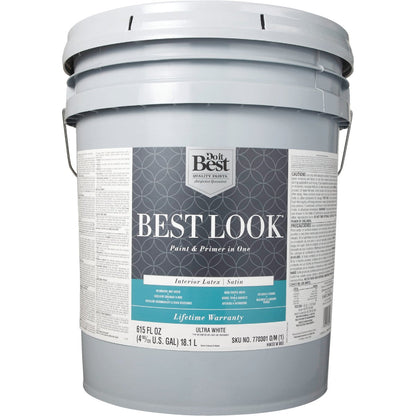 Best Look Latex Paint & Primer In One Satin Interior Wall Paint, Ultra White, 5 Gal.