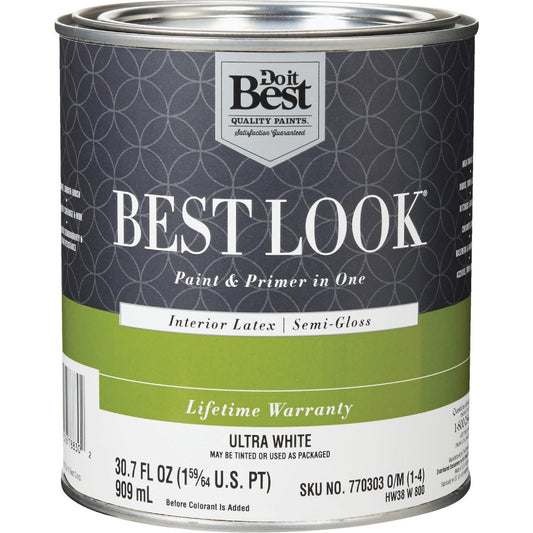 Best Look Latex Paint & Primer In One Semi-Gloss Interior Wall Paint, Ultra White, 1 Qt.