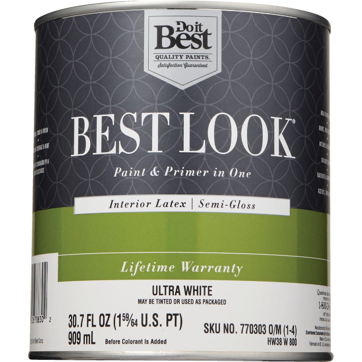 Best Look Latex Paint & Primer In One Semi-Gloss Interior Wall Paint, Ultra White, 1 Qt.