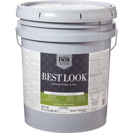 Best Look Latex Paint & Primer In One Semi-Gloss Interior Wall Paint, Ultra White, 5 Gal.