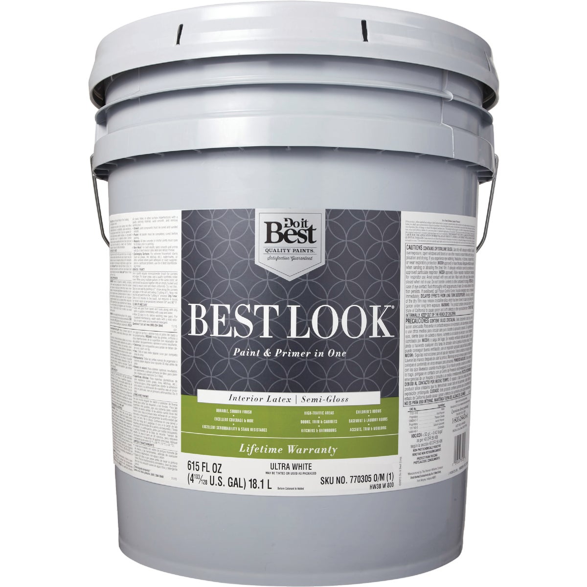 Best Look Latex Paint & Primer In One Semi-Gloss Interior Wall Paint, Ultra White, 5 Gal.