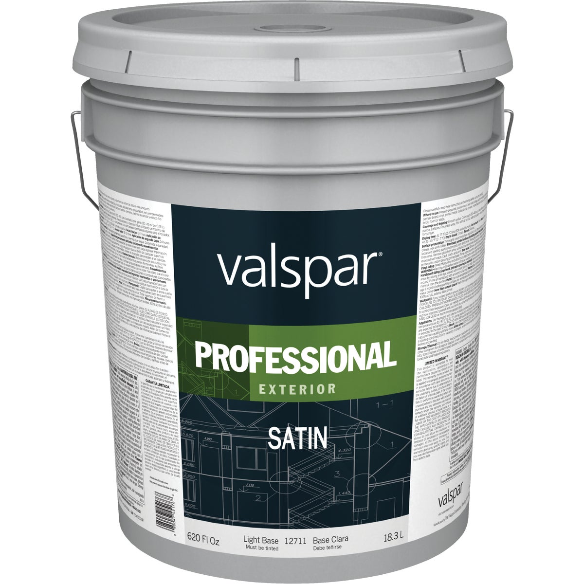 Valspar Professional 100% Acrylic Satin Exterior House Paint, Light Base, 5 Gal.