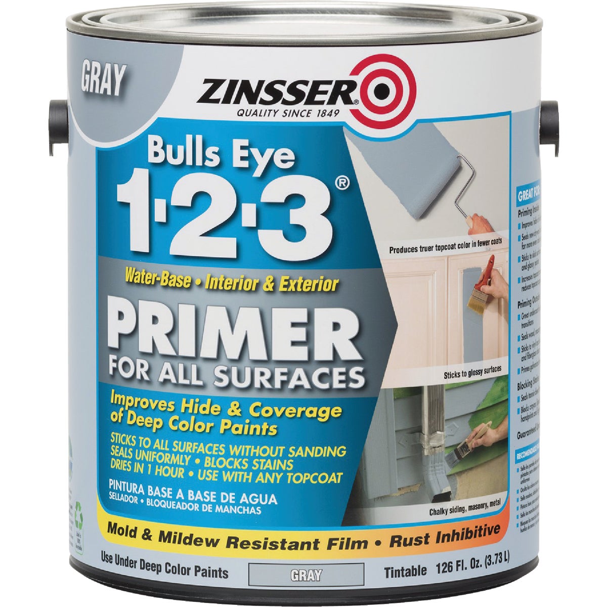 Zinsser Bulls Eye 1-2-3 Water-Base Interior/Exterior Stain Blocking Primer, Gray, 1 Gal.