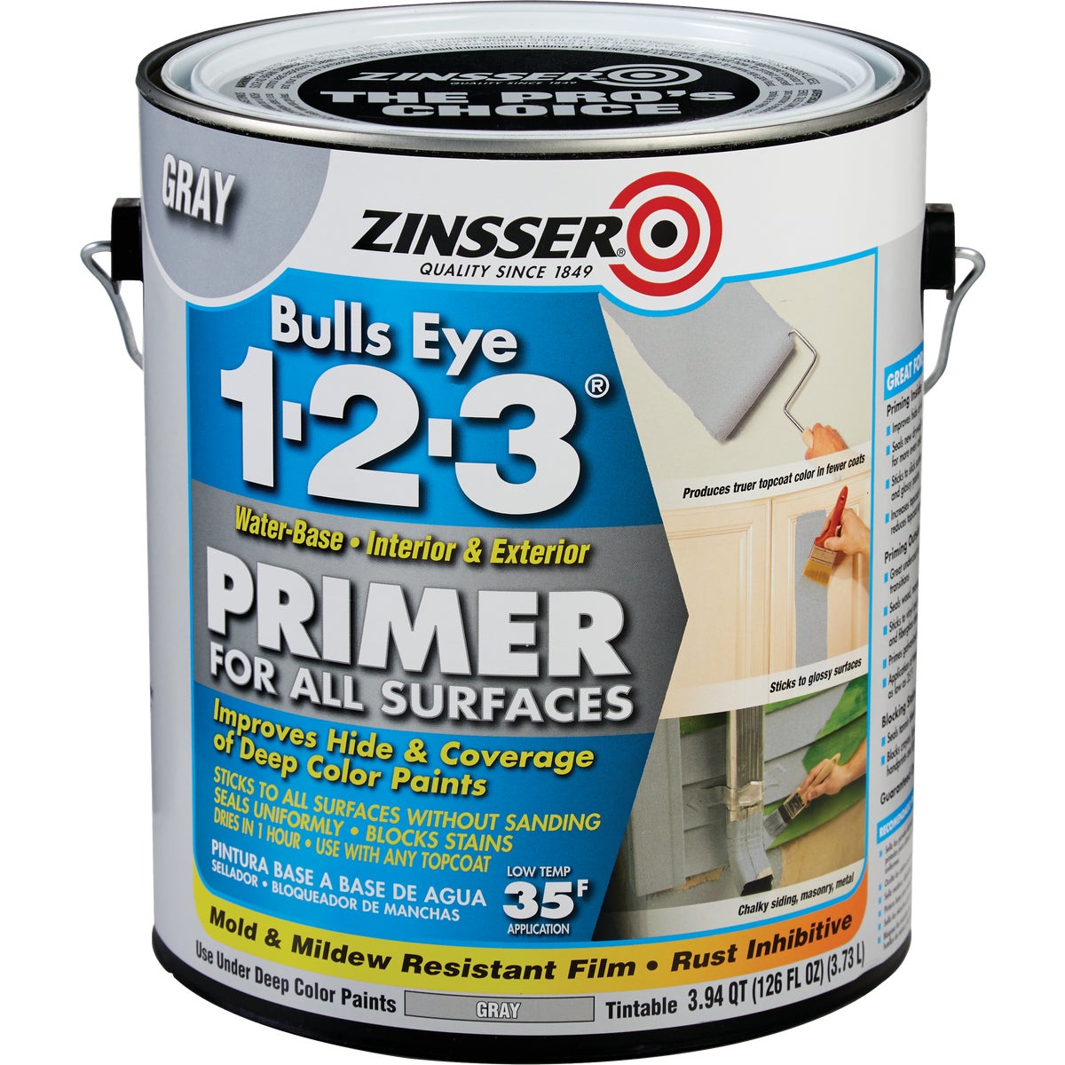 Zinsser Bulls Eye 1-2-3 Water-Base Interior/Exterior Stain Blocking Primer, Gray, 1 Gal.