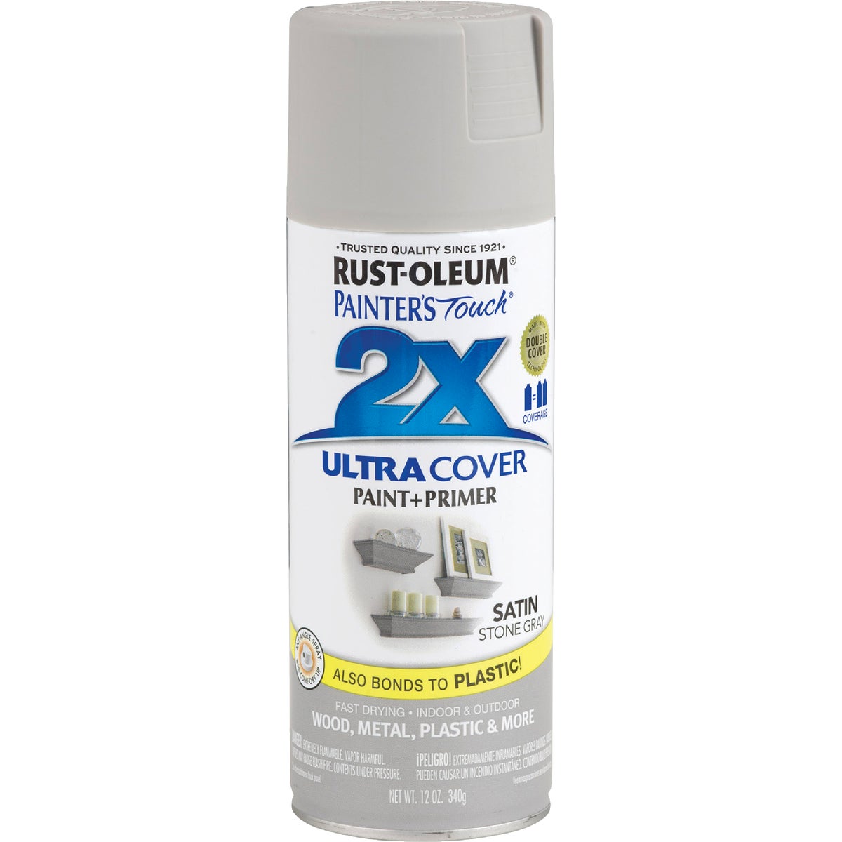 Rust-Oleum Painter's Touch 2X Ultra Cover 12 Oz. Satin Paint + Primer Spray Paint, Stone Gray