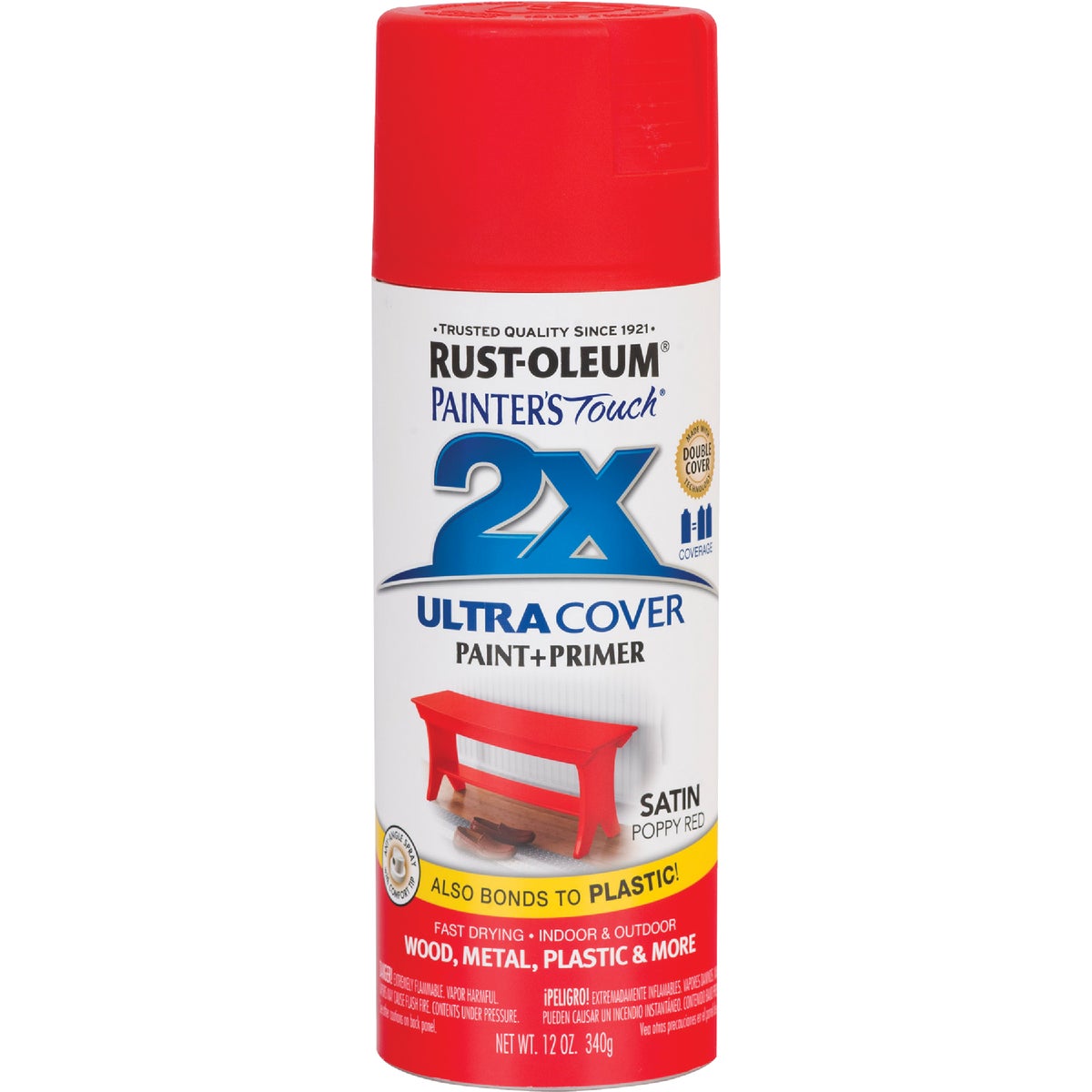 Rust-Oleum Painter's Touch 2X Ultra Cover 12 Oz. Satin Paint + Primer Spray Paint, Poppy Red