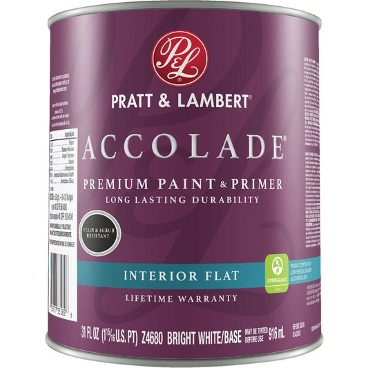 Pratt & Lambert Accolade Premium 100% Acrylic Paint & Primer Flat Interior Wall Paint, Bright White Base, 1 Qt.