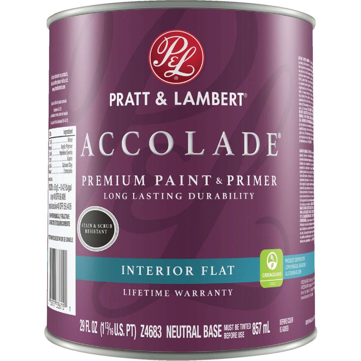 Pratt & Lambert Accolade Premium 100% Acrylic Paint & Primer Flat Interior Wall Paint, Neutral Base, 1 Qt.