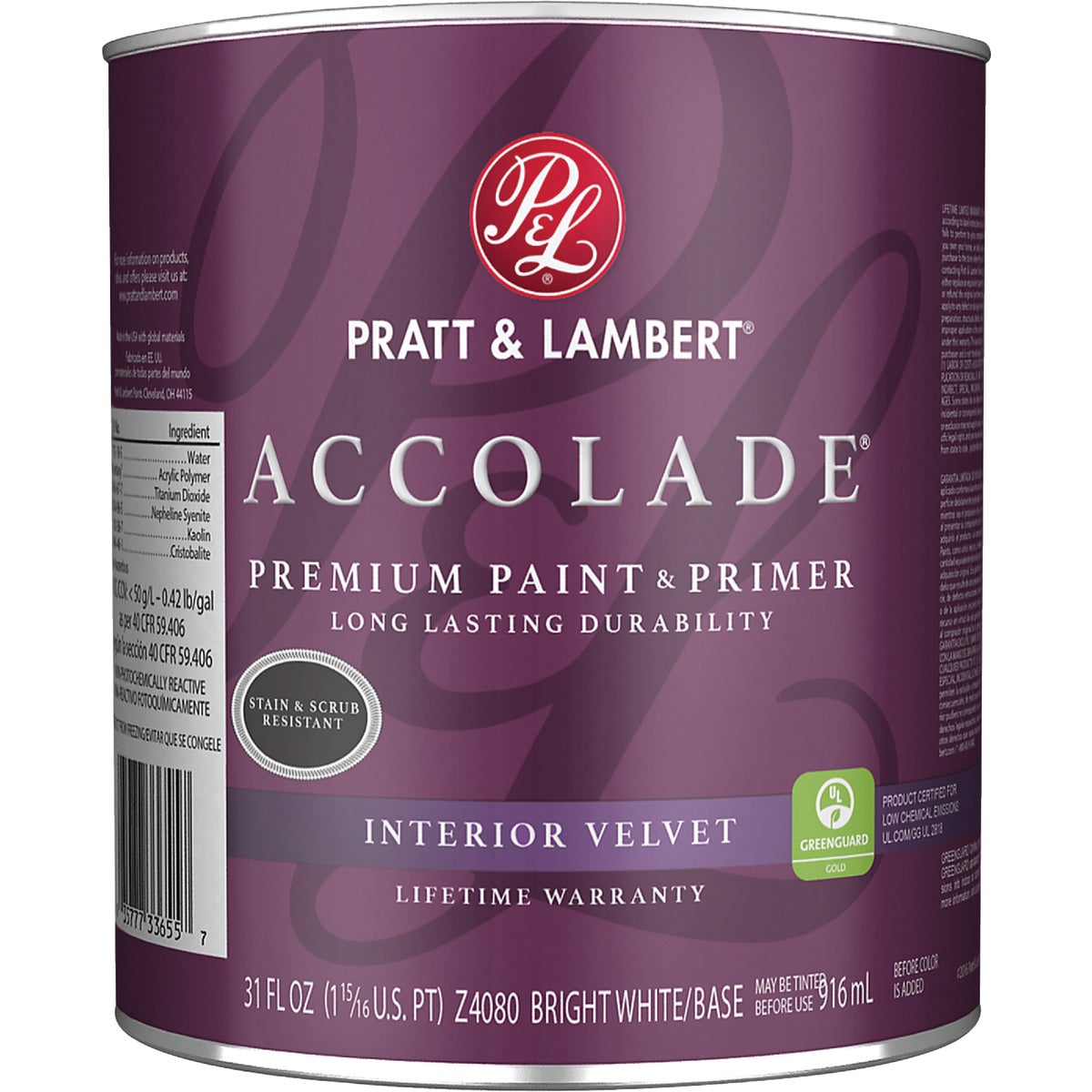 Pratt & Lambert Accolade Premium 100% Acrylic Paint & Primer Velvet Interior Wall Paint, Bright White Base, 1 Qt.