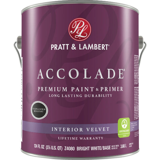 Pratt & Lambert Accolade Premium 100% Acrylic Paint & Primer Velvet Interior Wall Paint, Bright White Base, 1 Gal.