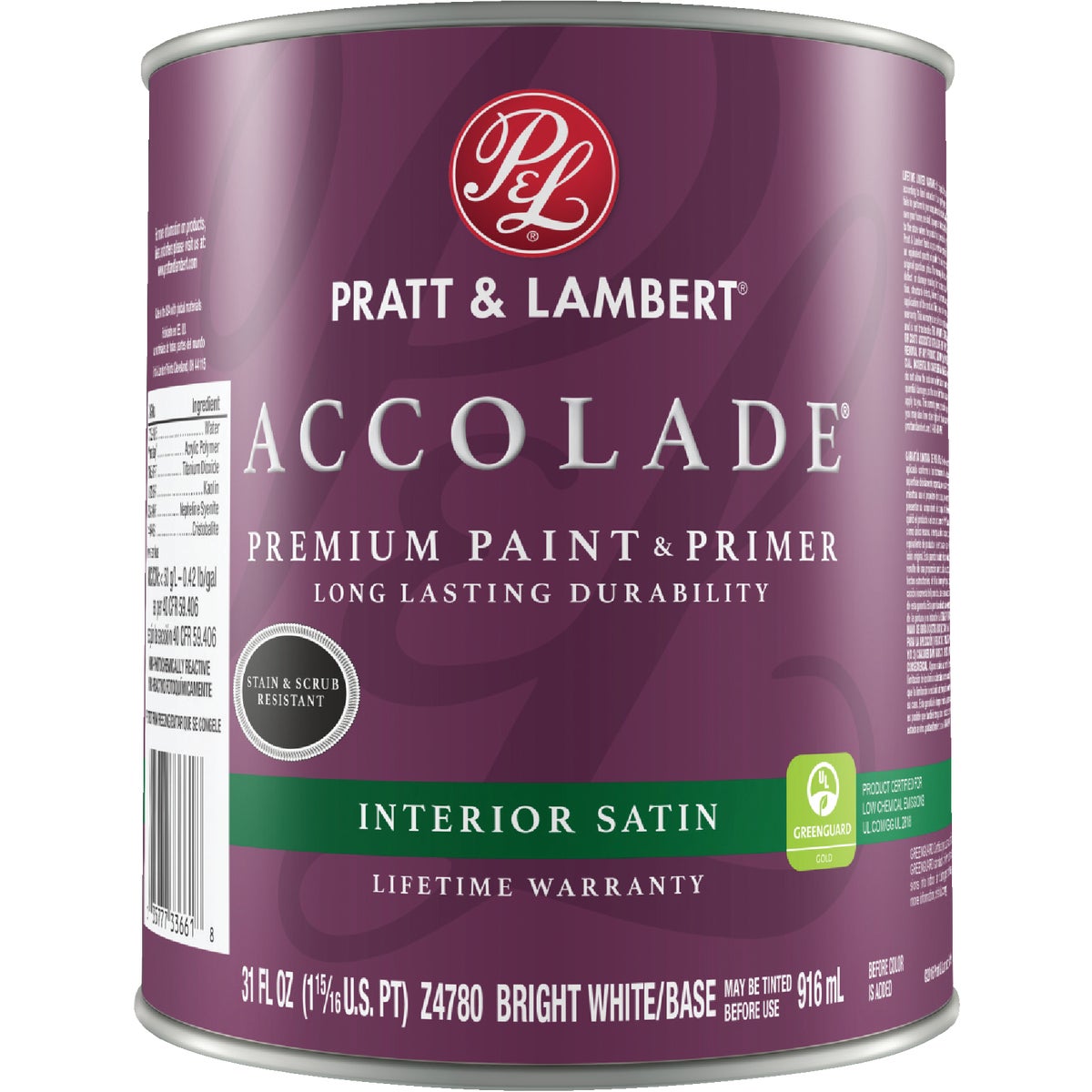 Pratt & Lambert Accolade Premium 100% Acrylic Paint & Primer Satin Interior Wall Paint, Bright White Base, 1 Qt.