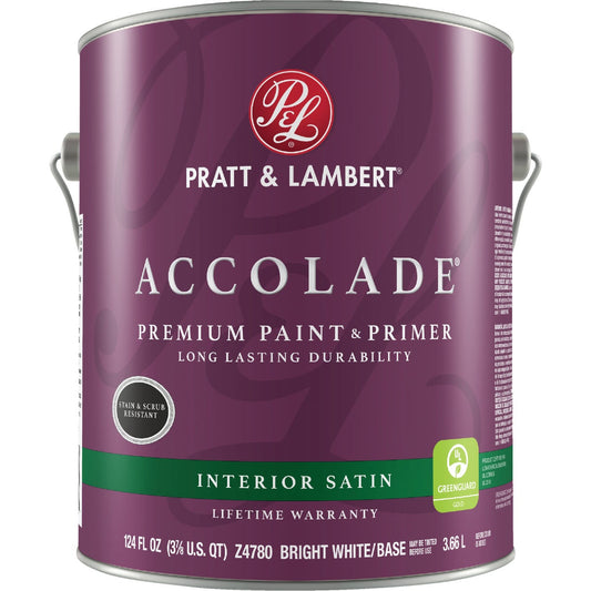 Pratt & Lambert Accolade Premium 100% Acrylic Paint & Primer Satin Interior Wall Paint, Bright White Base, 1 Gal.