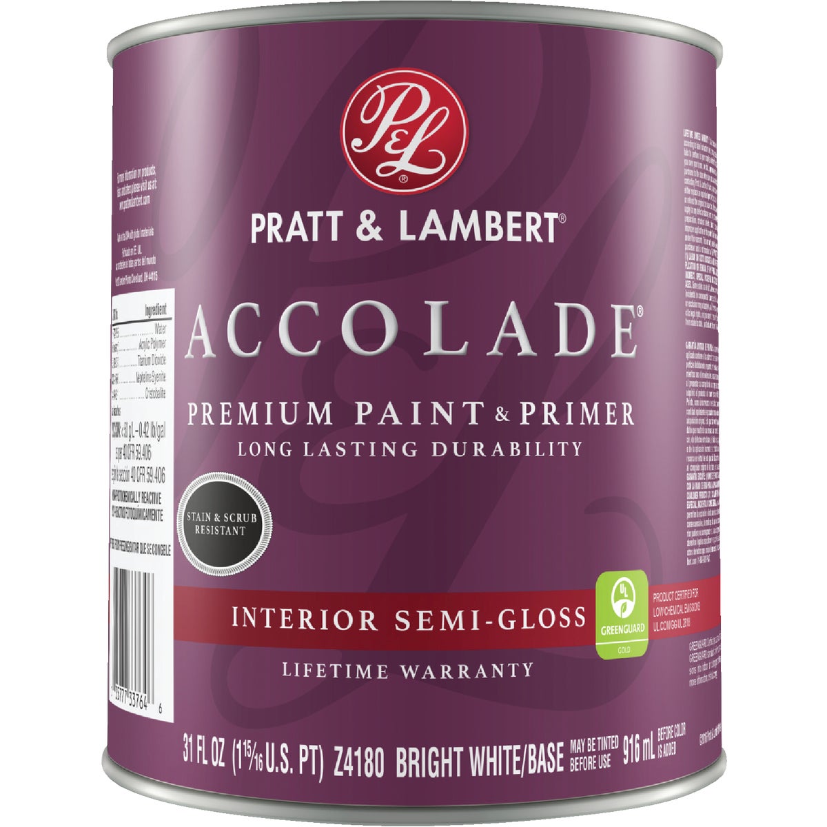 Pratt & Lambert Accolade Premium 100% Acrylic Paint & Primer Semi-Gloss Interior Wall Paint, Bright White Base, 1 Qt.