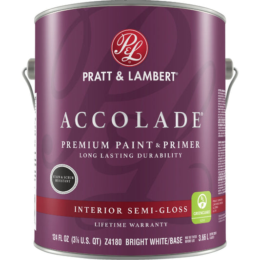 Pratt & Lambert Accolade Premium 100% Acrylic Paint & Primer Semi-Gloss Interior Wall Paint, Bright White Base, 1 Gal.