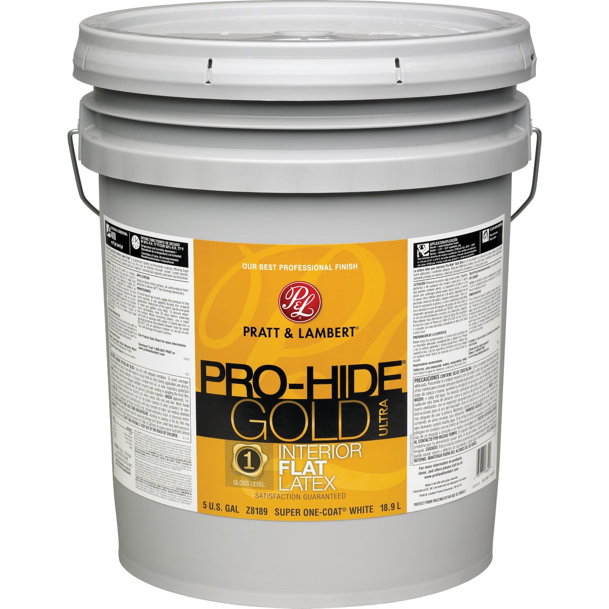 Pratt & Lambert Pro-Hide Gold Ultra Latex Flat Interior Wall Paint, Super-One Coat White, 5 Gal.