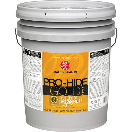 Pratt & Lambert Pro-Hide Gold Ultra Latex Eggshell Interior Wall Paint, Super One-Coat White, 5 Gal.