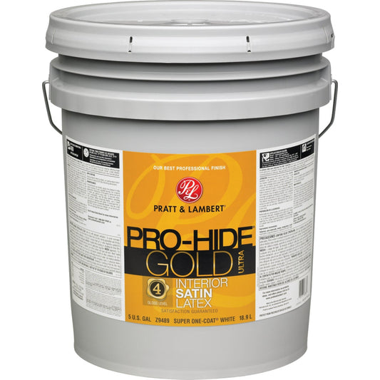 Pratt & Lambert Pro-Hide Gold Ultra Latex Satin Interior Wall Paint, Super One-Coat White, 5 Gal.