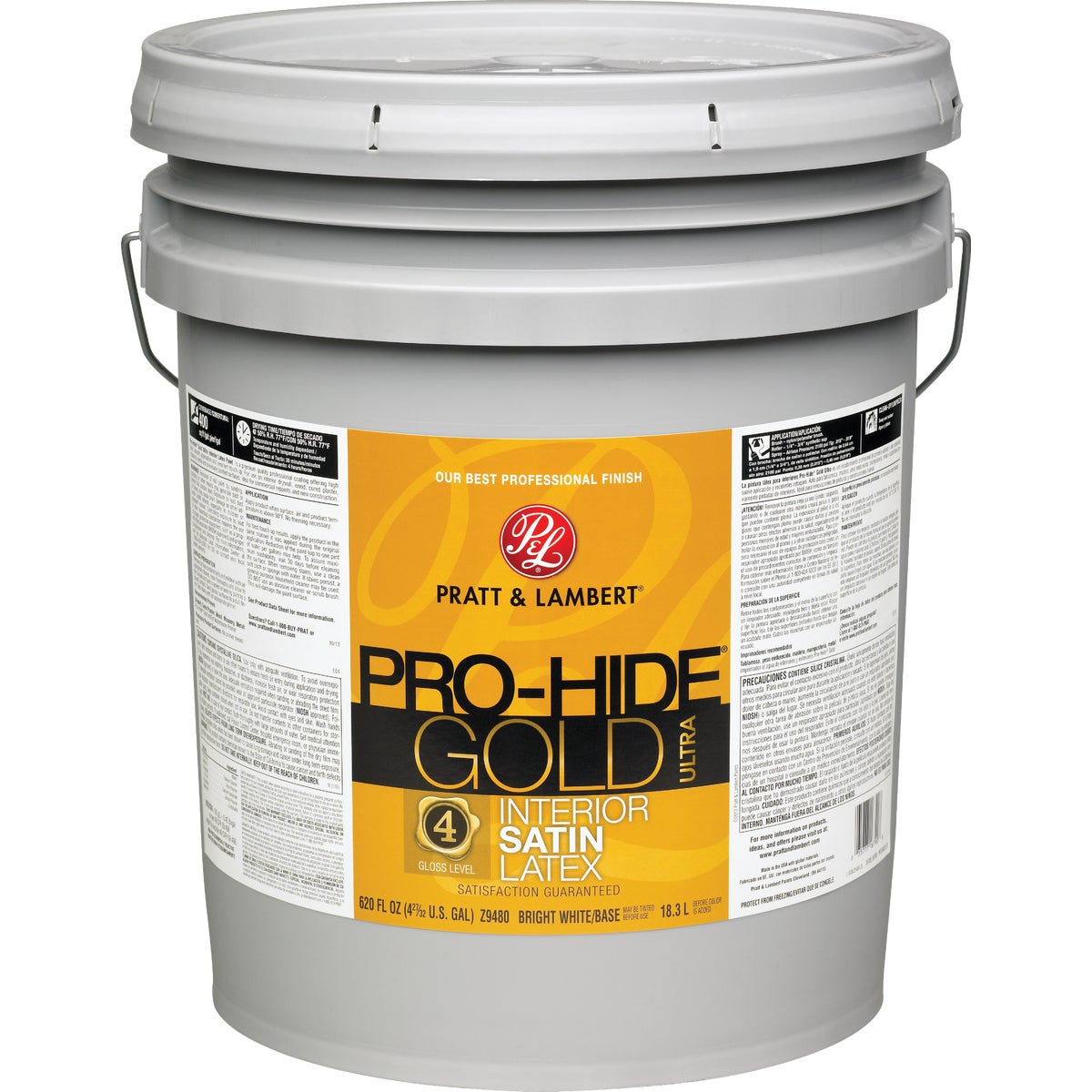 Pratt & Lambert Pro-Hide Gold Ultra Latex Satin Interior Wall Paint, Bright White Base, 5 Gal.