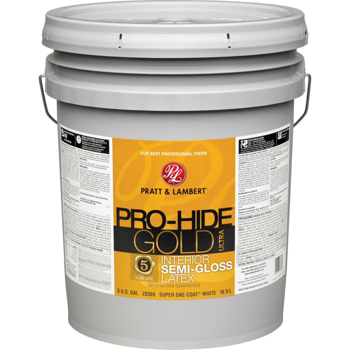 Pratt & Lambert Pro-Hide Gold Ultra Latex Semi-Gloss Interior Wall Paint, Super One-Coat White, 5 Gal.