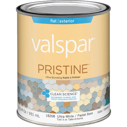 Valspar Pristine 100% Acrylic Paint & Primer Flat Exterior House Paint, Ultra White/Pastel Base, 1 Qt.