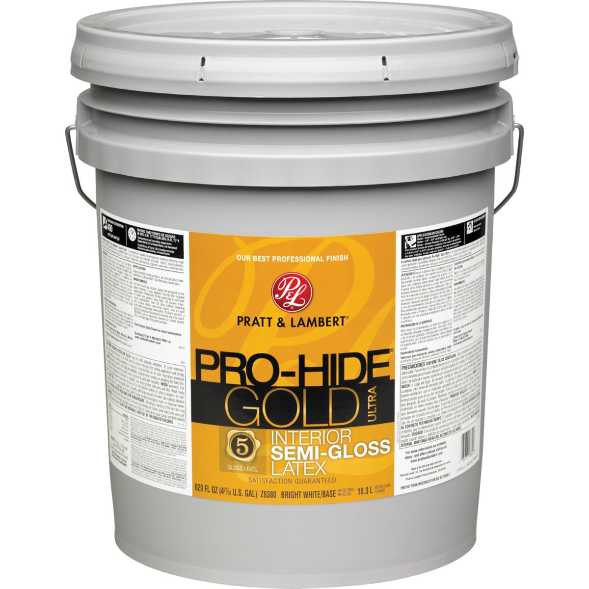 Pratt & Lambert Pro-Hide Gold Ultra Latex Semi-Gloss Interior Wall Paint, Bright White Base, 5 Gal.