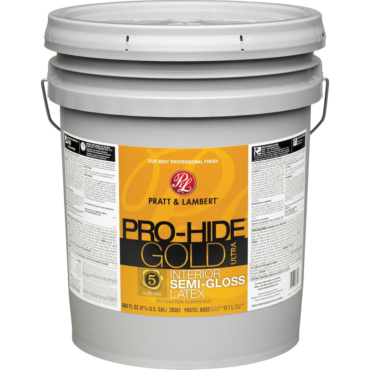 Pratt & Lambert Pro-Hide Gold Ultra Latex Semi-Gloss Interior Wall Paint, Pastel Base, 5 Gal.