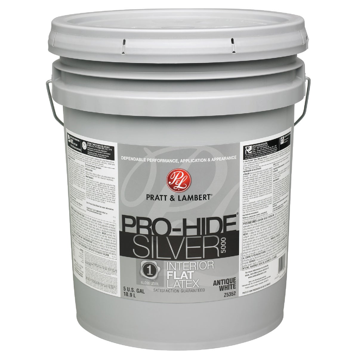 Pratt & Lambert Pro-Hide Silver 5000 Latex Flat Interior Wall Paint, Antique White, 5 Gal.