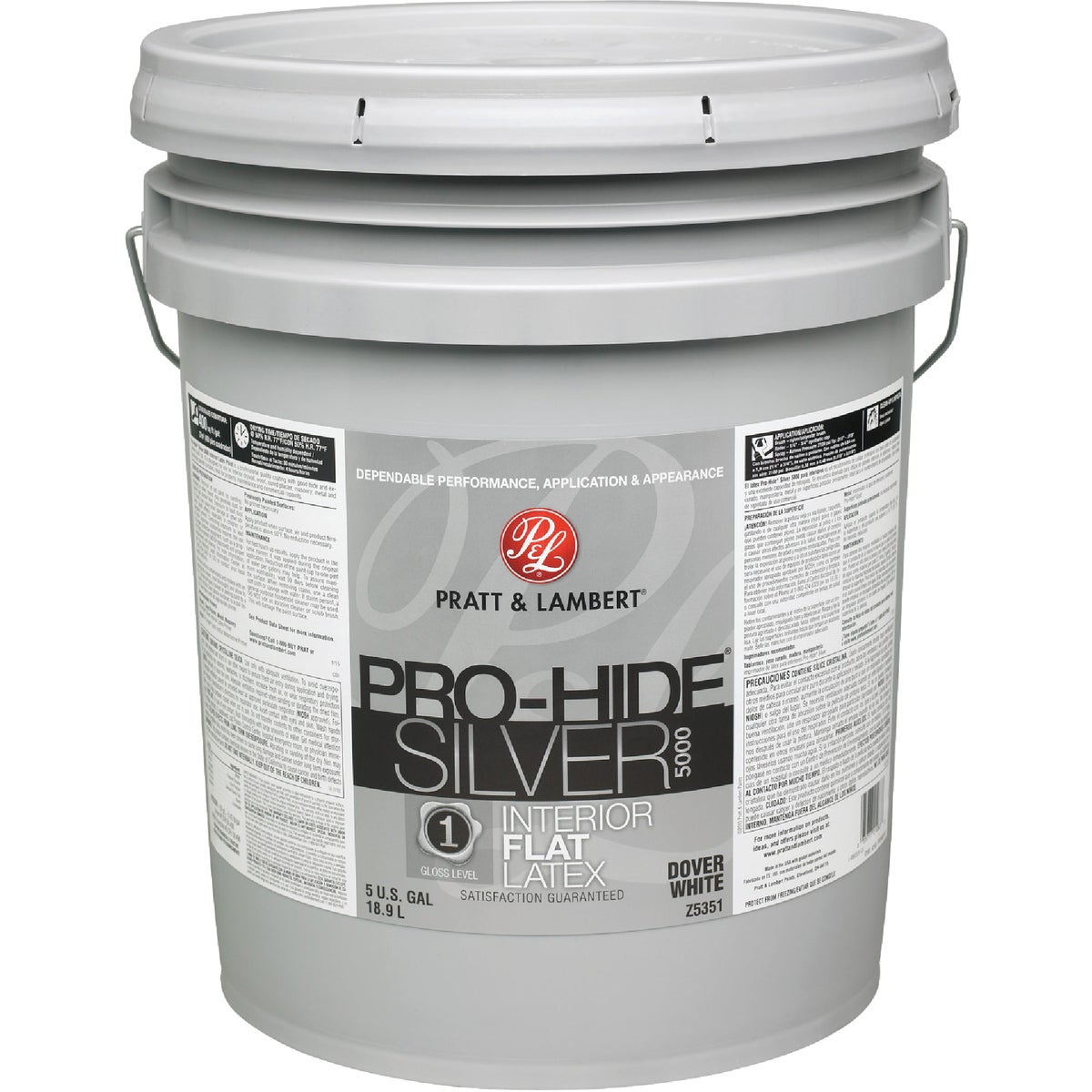 Pratt & Lambert Pro-Hide Silver 5000 Latex Flat Interior Wall Paint, Dover White, 5 Gal.