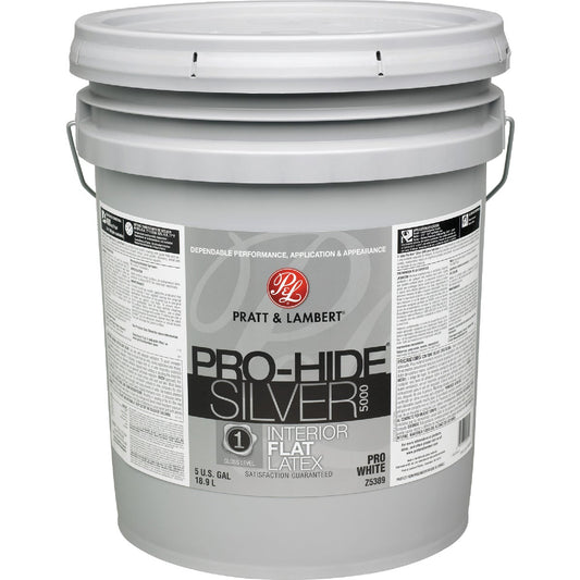 Pratt & Lambert Pro-Hide Silver 5000 Latex Flat Interior Wall Paint, Pro White, 5 Gal.