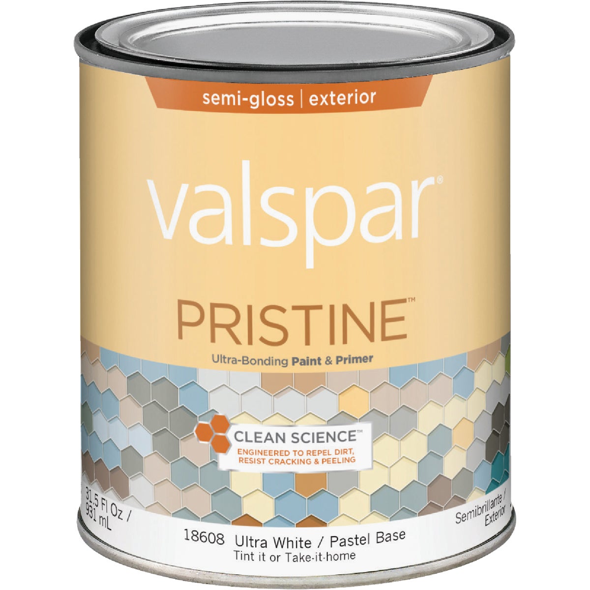 Valspar Pristine 100% Acrylic Paint & Primer Semi-Gloss Exterior House Paint, Ultra White/Pastel Base, 1 Qt.