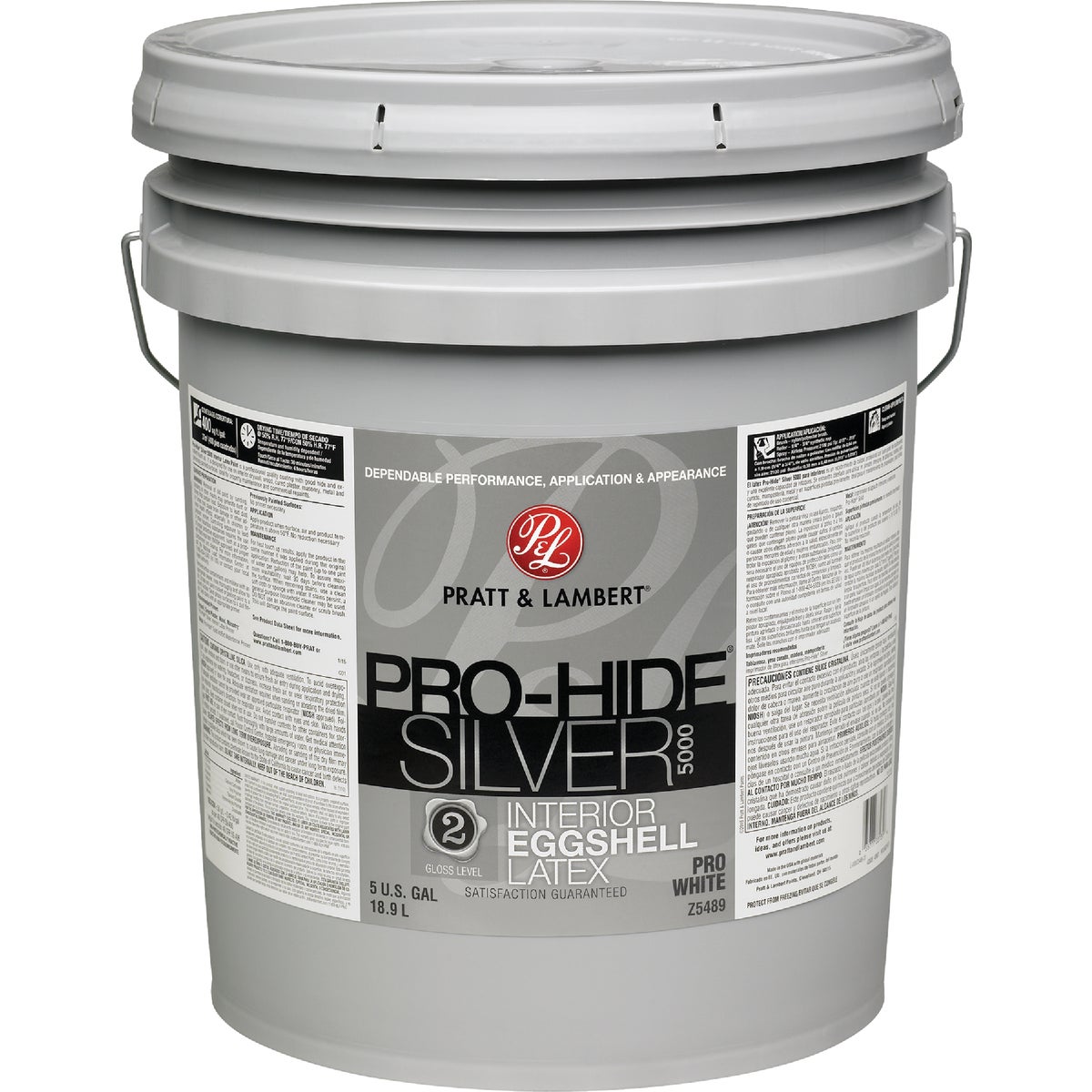 Pratt & Lambert Pro-Hide Silver 5000 Latex Eggshell Interior Wall Paint,Pro White, 5 Gal.