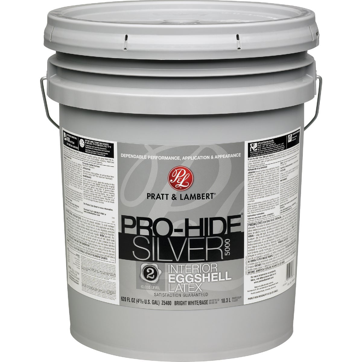 Pratt & Lambert Pro-Hide Silver 5000 Latex Eggshell Interior Wall Paint, Bright White Base, 5 Gal.