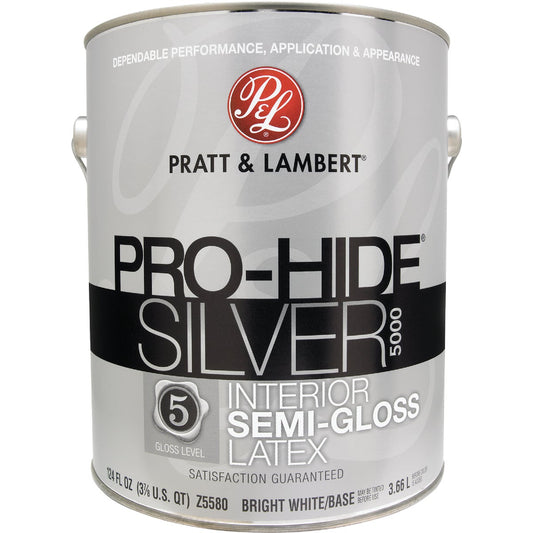 Pratt & Lambert Pro-Hide Silver 5000 Latex Semi-Gloss Interior Wall Paint, Bright White Base, 1 Gal.