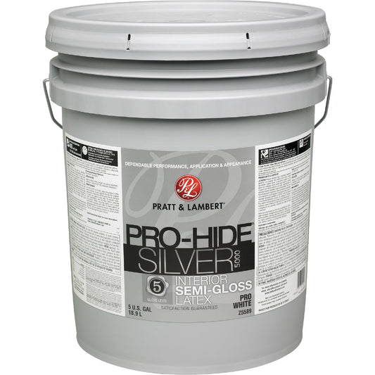 Pratt & Lambert Pro-Hide Silver 5000 Latex Semi-Gloss Interior Wall Paint, Pro White, 5 Gal.