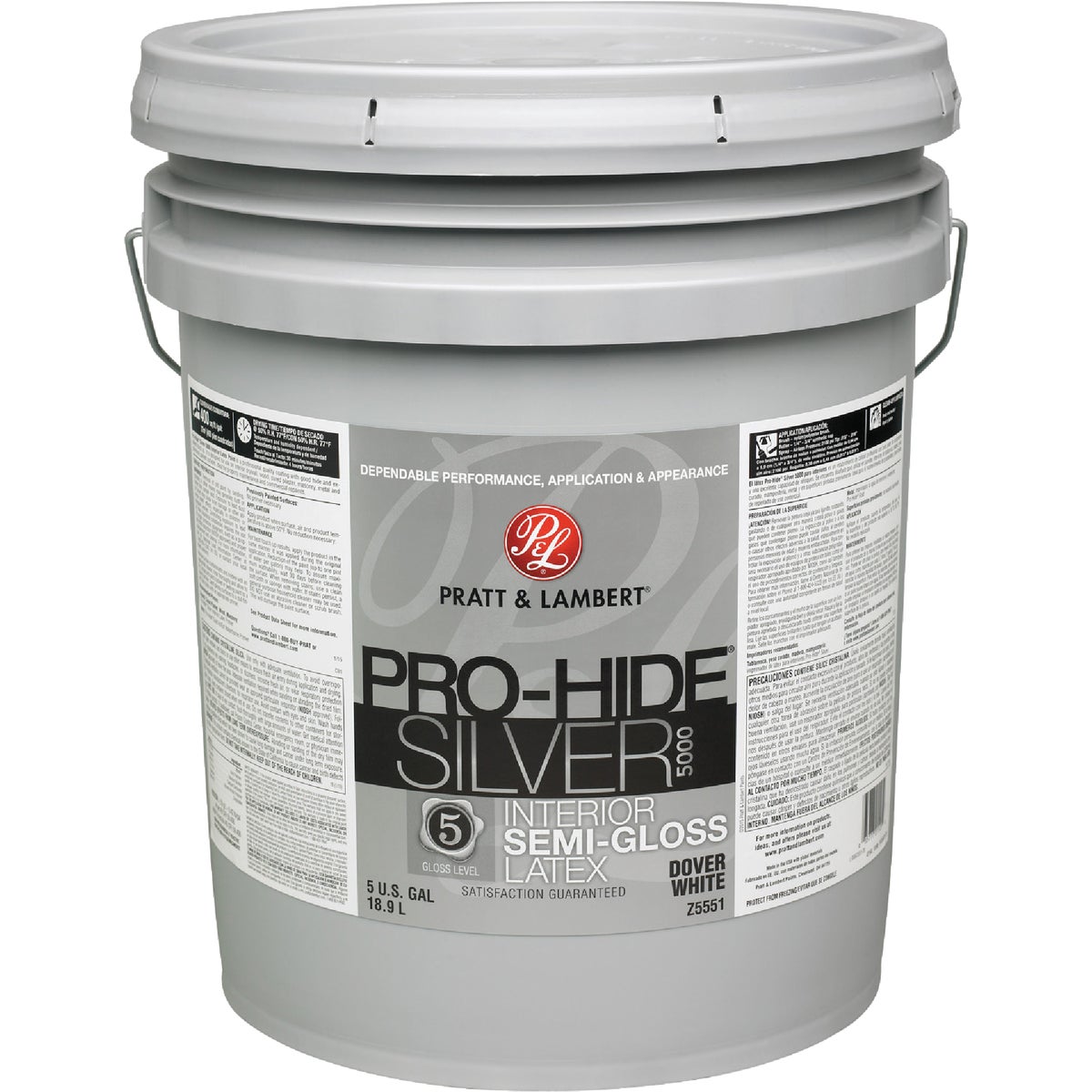 Pratt & Lambert Pro-Hide Silver 5000 Latex Semi-Gloss Interior Wall Paint, Dover White, 5 Gal.