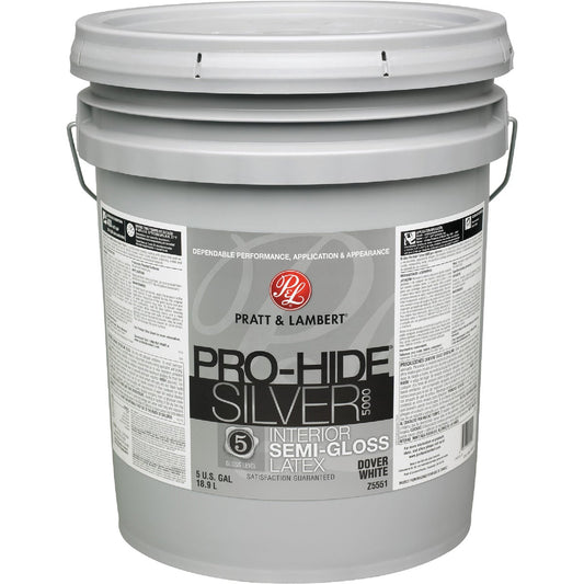 Pratt & Lambert Pro-Hide Silver 5000 Latex Semi-Gloss Interior Wall Paint, Dover White, 5 Gal.