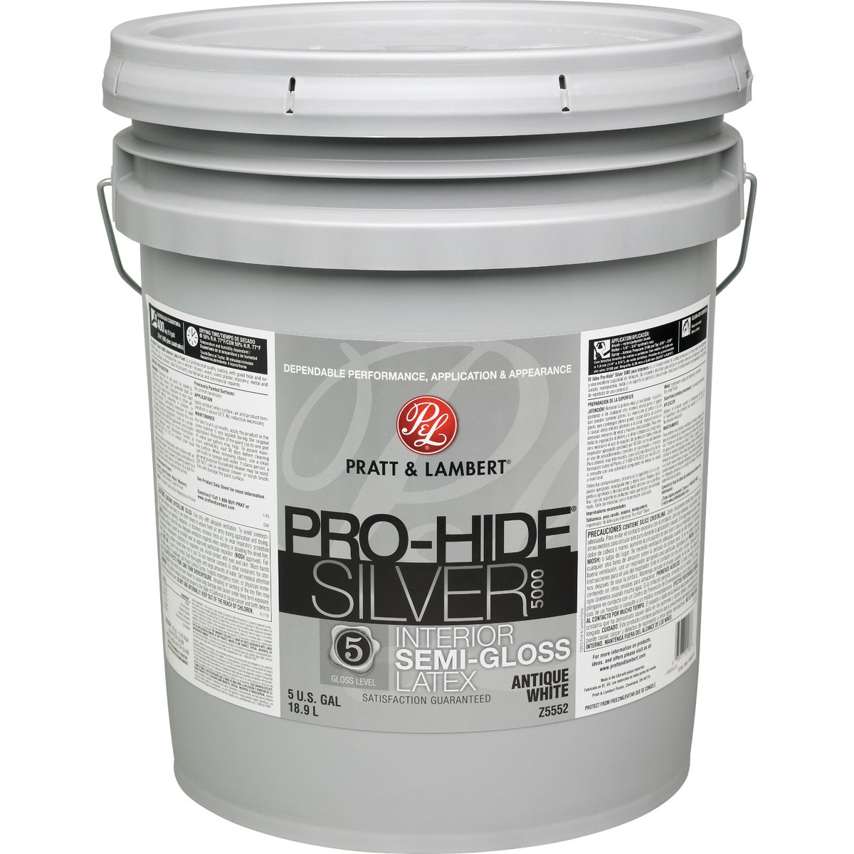 Pratt & Lambert Pro-Hide Silver 5000 Latex Semi-Gloss Interior Wall Paint, Antique White, 5 Gal.