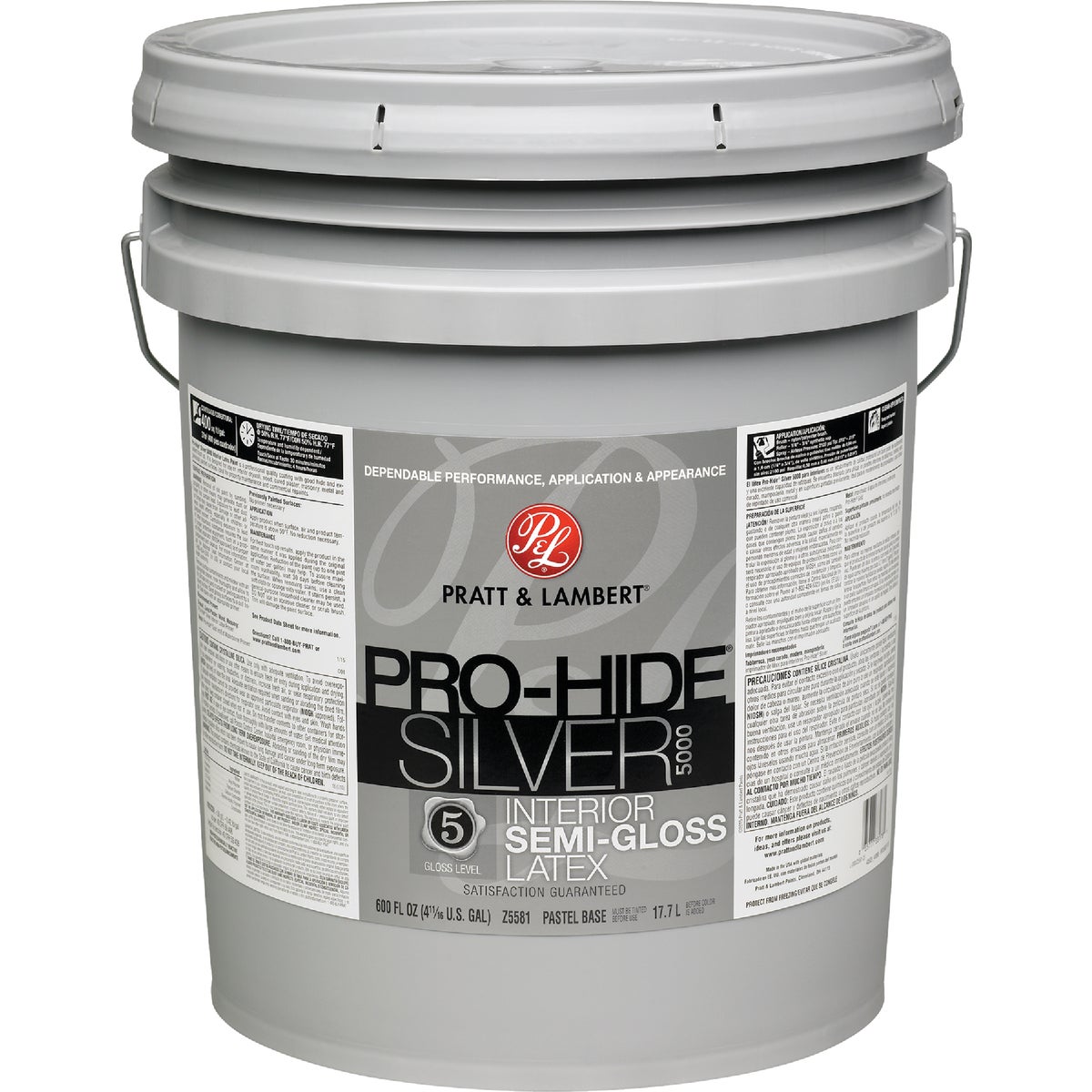 Pratt & Lambert Pro-Hide Silver 5000 Latex Semi-Gloss Interior Wall Paint, Pastel Base, 5 Gal.