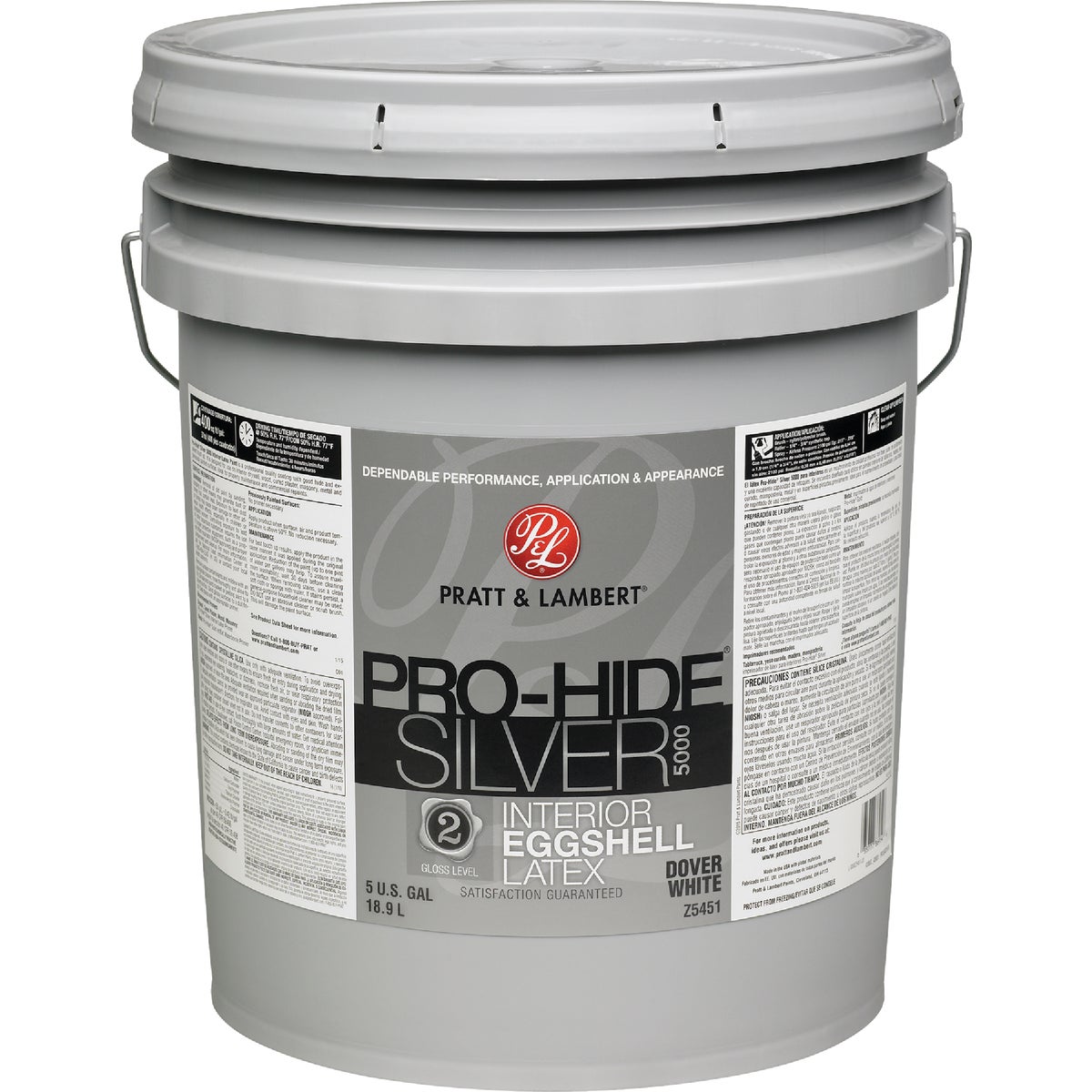 Pratt & Lambert Pro-Hide Silver 5000 Latex Eggshell Interior Wall Paint, Dover White, 5 Gal.