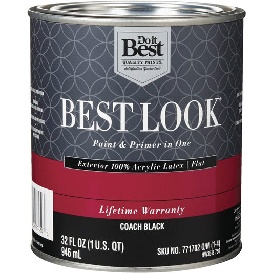 Best Look 100% Acrylic Latex Paint & Primer In One Flat Exterior House Paint, Coach Black, 1 Qt.