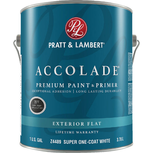 Pratt & Lambert Accolade 100% Acrylic Paint & Primer Flat Exterior House Paint, Super One Coat White, 1 Gal.