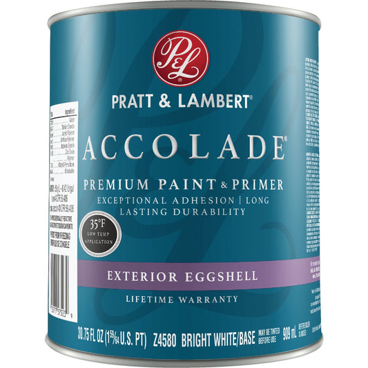 Pratt & Lambert Accolade 100% Acrylic Paint & Primer Eggshell Exterior House Paint, Bright White Base, 1 Qt.