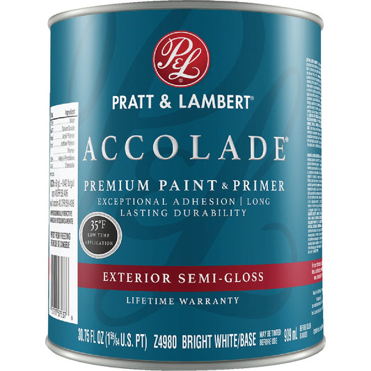 Pratt & Lambert Accolade 100% Acrylic Paint & Primer Semi-Gloss Exterior House Paint, Bright White Base, 1 Qt.