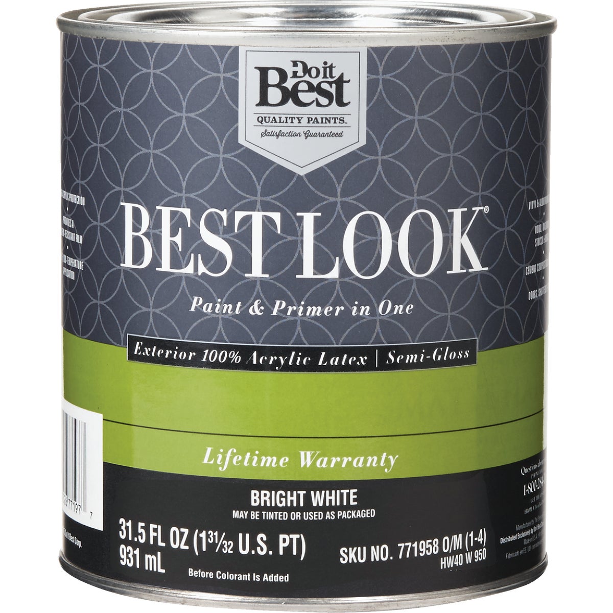 Best Look 100% Acrylic Latex Paint & Primer In One Semi-Gloss Exterior House Paint, Bright White, 1 Qt.