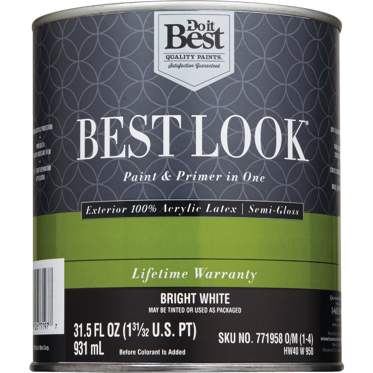 Best Look 100% Acrylic Latex Paint & Primer In One Semi-Gloss Exterior House Paint, Bright White, 1 Qt.