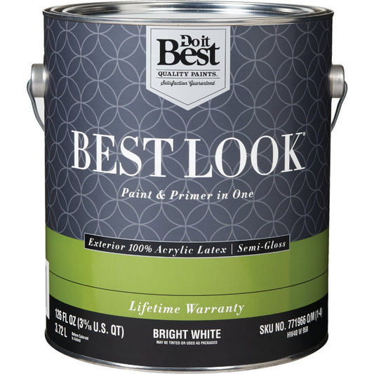 Best Look 100% Acrylic Latex Paint & Primer In One Semi-Gloss Exterior House Paint, Bright White, 1 Gal.