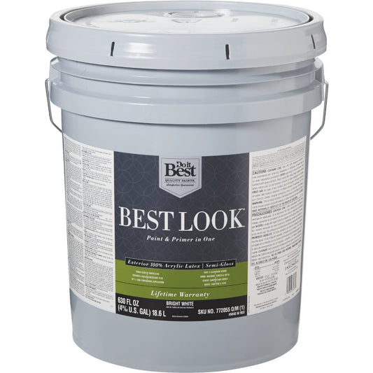 Best Look 100% Acrylic Latex Paint & Primer In One Semi-Gloss Exterior House Paint, Bright White, 5 Gal.