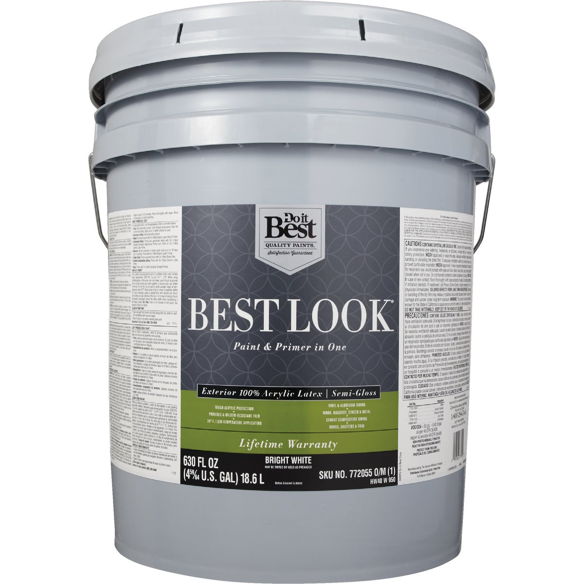 Best Look 100% Acrylic Latex Paint & Primer In One Semi-Gloss Exterior House Paint, Bright White, 5 Gal.