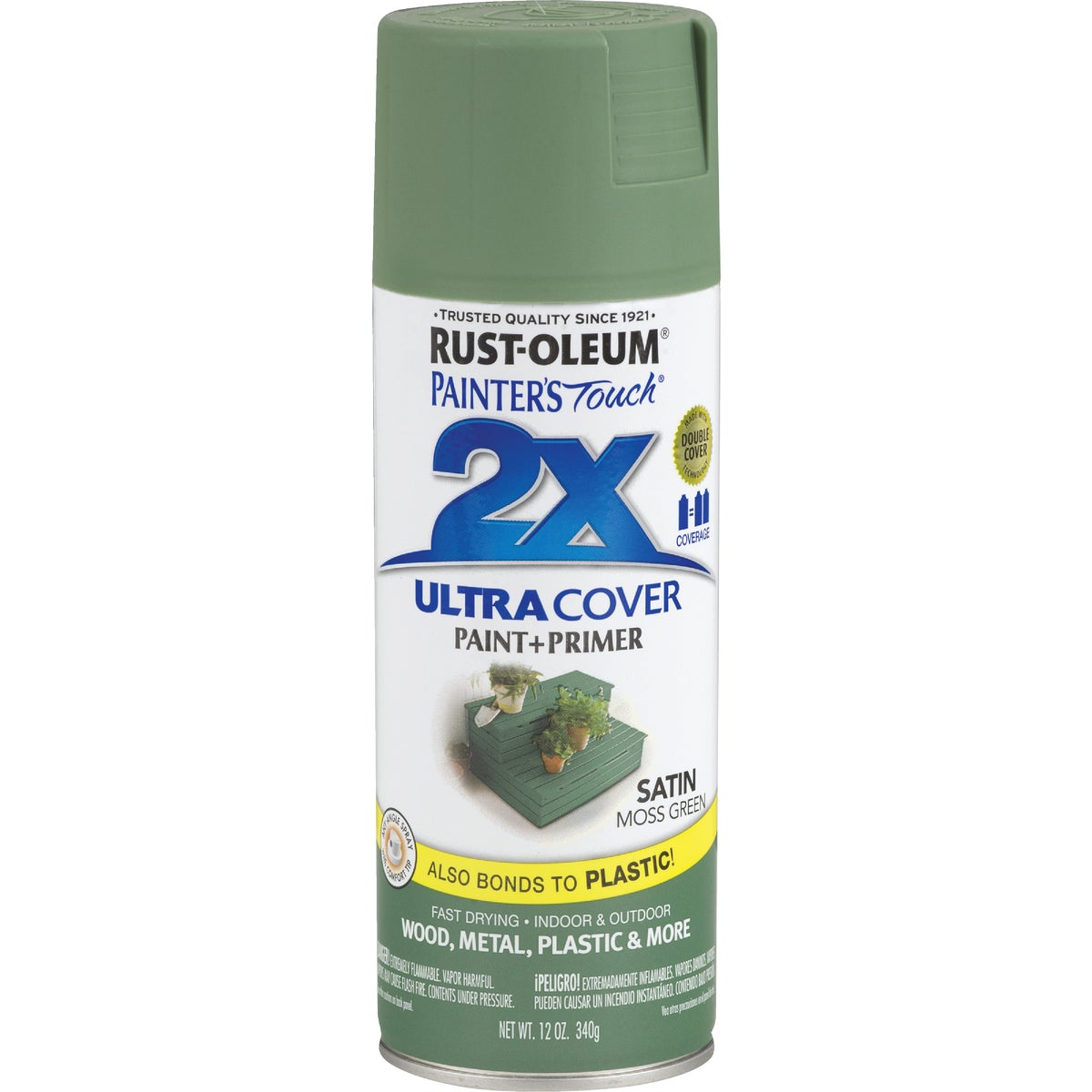 Rust-Oleum Painter's Touch 2X Ultra Cover 12 Oz. Satin Paint + Primer Spray Paint, Moss Green